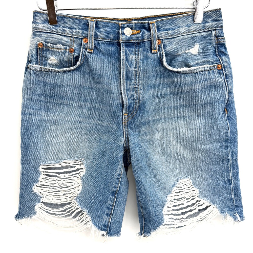 RE/DONE Loose Long Short Size 24 Denim Minerva Destroy Distressed Jorts Cut Offs